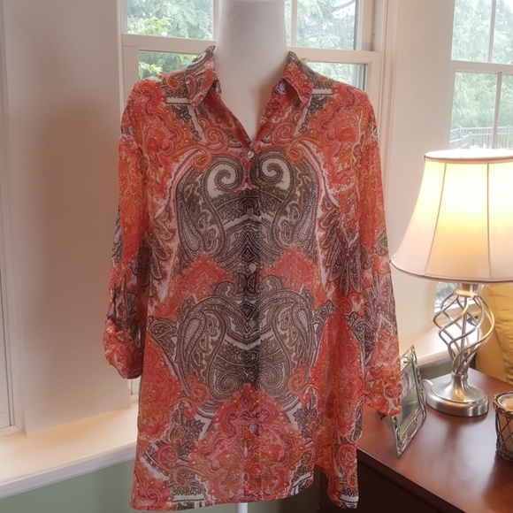 Chico's Tops - Chicos Sheer Roll/Tab Sleeve Top